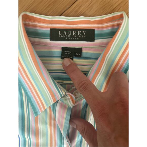 Lauren Ralph Lauren Button Up Shirt Vertical Striped Preppy Effortless Sz PL - Picture 2 of 5